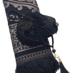 Muslim Prayer Rug + Pearl Tasbeeh Beads and Scarf -Islamic Gift Set (7x11) Inch (BLACK)